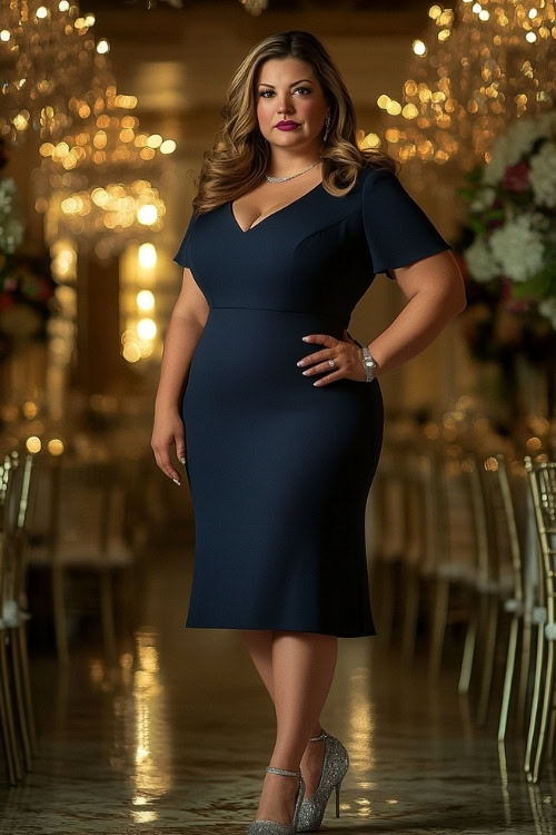 A plus-size woman wears a navy wedding guest dress with silver glitter heels