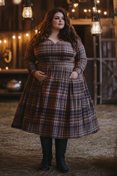 A plus-size woman wears a plaid long-sleeve wedding guest dress with black boots