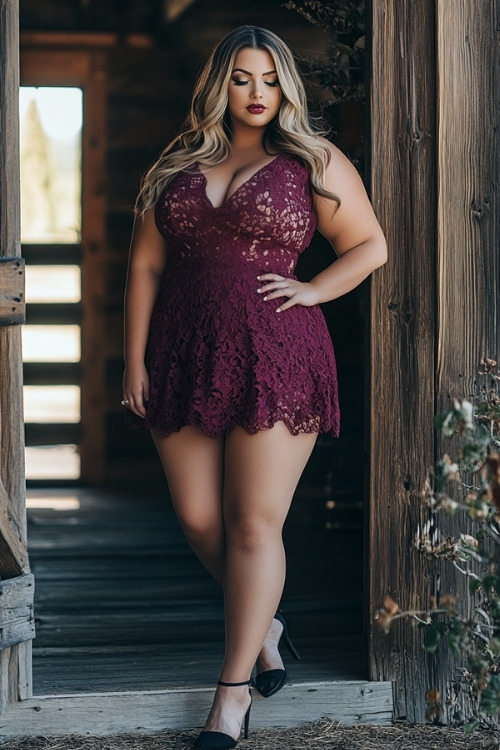 A plus-size woman wears a purplce lace short wedding guest dress with black heels