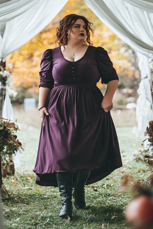 A plus-size woman wears a purple wedding guest dress with black boots