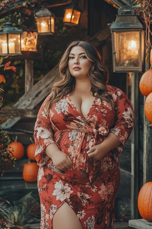 A plus size woman wears a red floral wedding guest dress with a wrap design