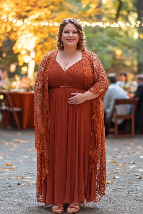 A plus-size woman wears a rust wedding guest dress with a lace shawl and sandals