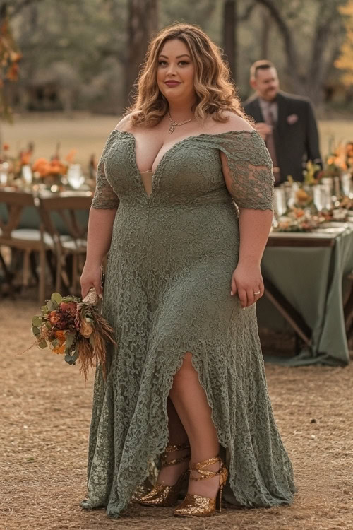 A plus-size woman wears a sage green lace wedding guest dress with gold heels