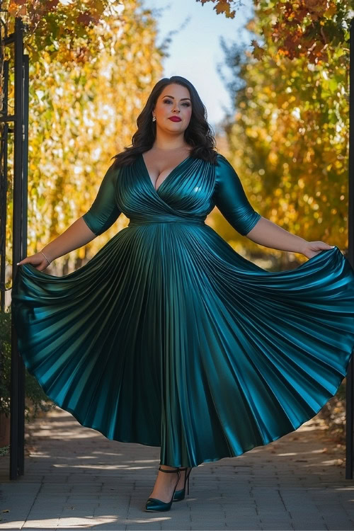 A plus size woman wears a teal pleated wedding guest dress with matching heels