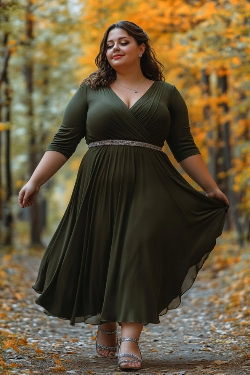 A plus-size woman wears an olive green wedding guest dress with silver sandals