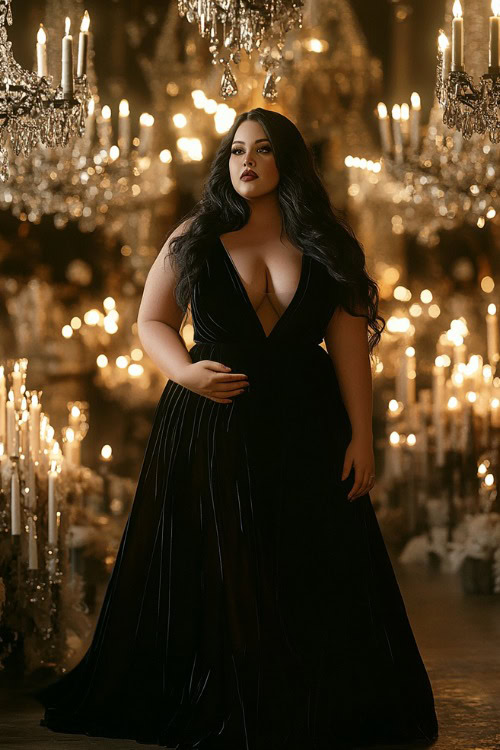 A plus-size woman wears black velvet dress for winter wedding