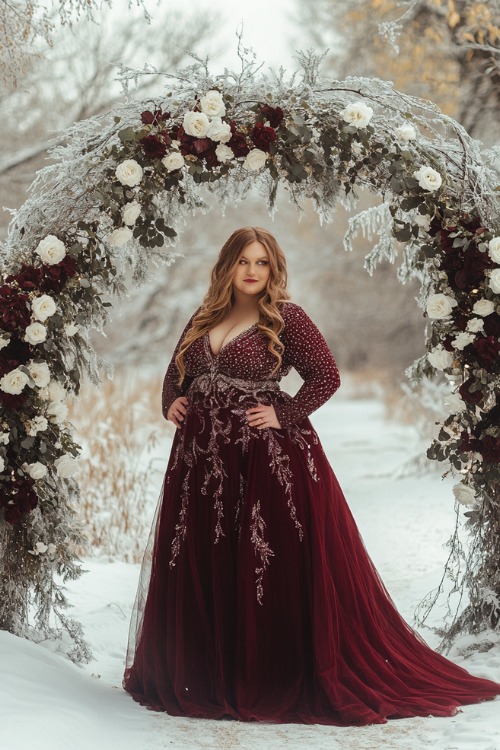 A plus-size woman wears burgundy floor-length gown with beaded detailing, standing near a frosted wedding