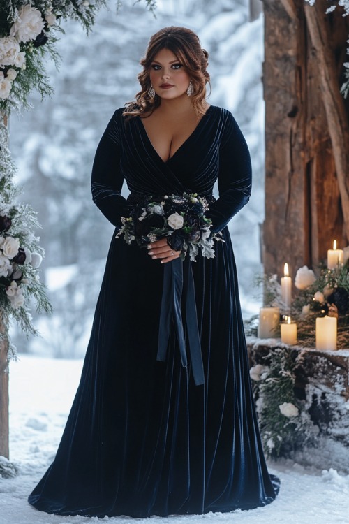 A plus-size woman wears deep blue long velvet dress for winter wedding