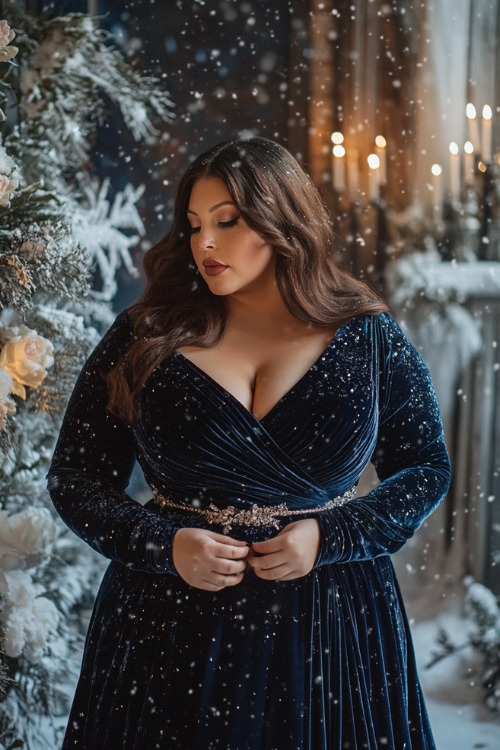 A plus-size woman wears deep blue velvet wrap dress for winter wedding