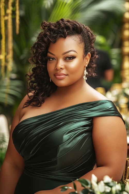 A plus-size woman wears teal satin one-shoulder wedding guest dress