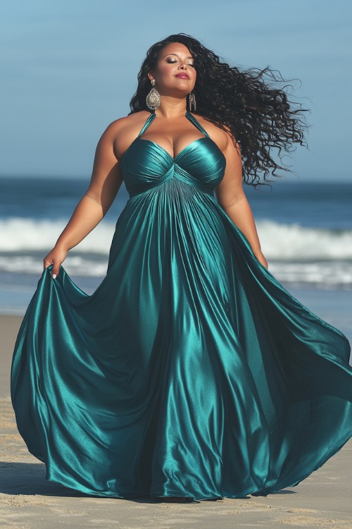 A plus-size woman wears teal satin wedding guest dress