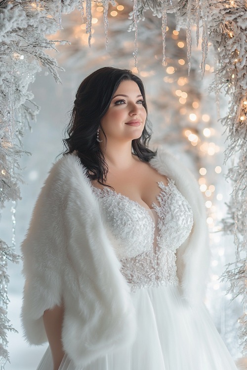 A plus-size woman wears white dress with fur coat for winter wedding