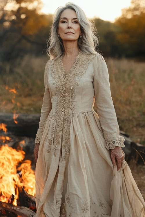 A woman over 50 wears a beige long-sleeve wedding guest dress with delicate lace detailing along the neckline and cuffs