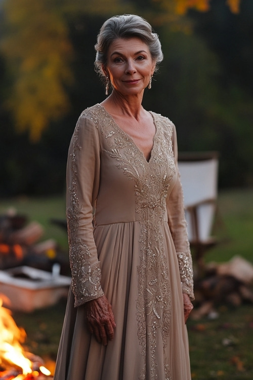 A woman over 50 wears a beige long-sleeve wedding guest dress with intricate embroidery on the bodice and sleeves