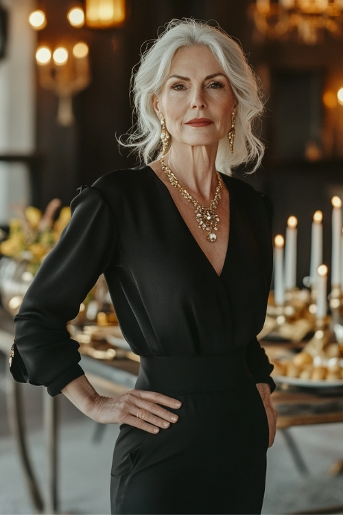 A woman over 50 wears a black V neck wedding guest dress with long sleeves