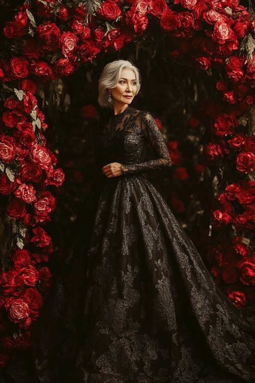 A woman over 50 wears a black lace long-sleeve wedding guest dress with a voluminous skirt