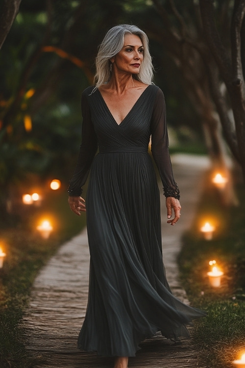 A woman over 50 wears a black long-sleeve wedding guest dress with a V neckline