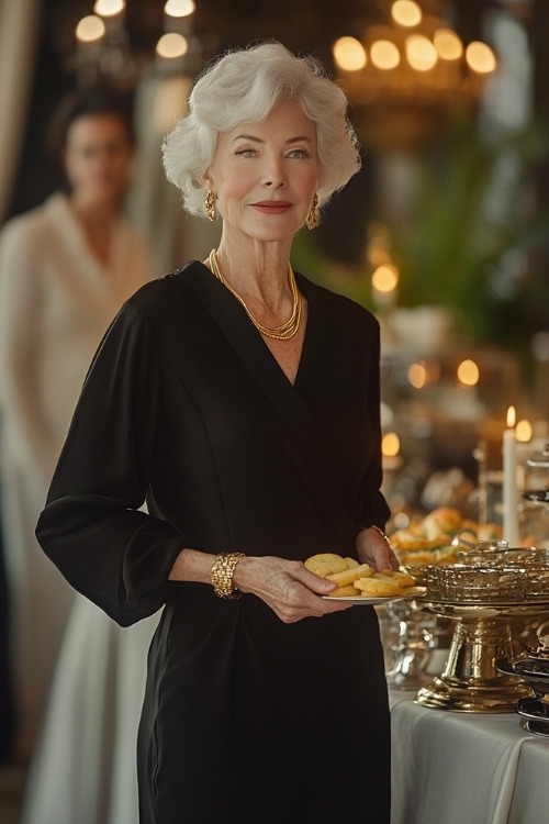 A woman over 50 wears a black long-sleeve wrap-style wedding guest dress with gold accessories