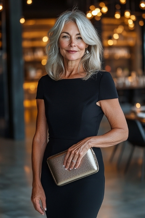 A woman over 50 wears a black wedding guest dress with cap sleeves