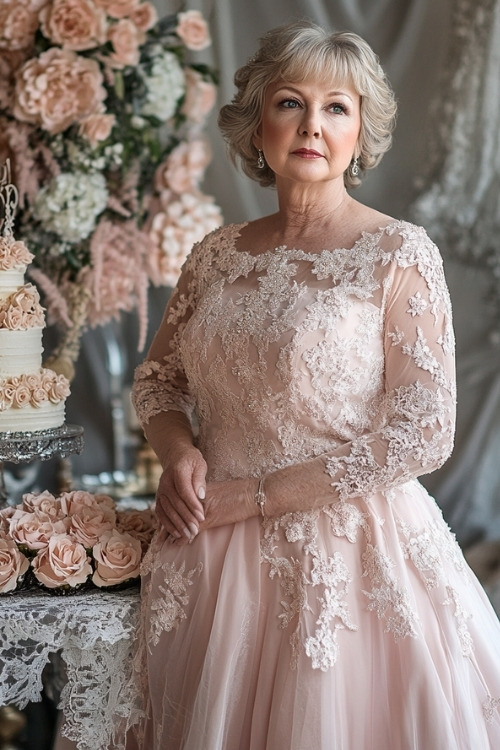 A woman over 50 wears a blush pink lace wedding guest dress with long sleeves and floral appliqué detailing