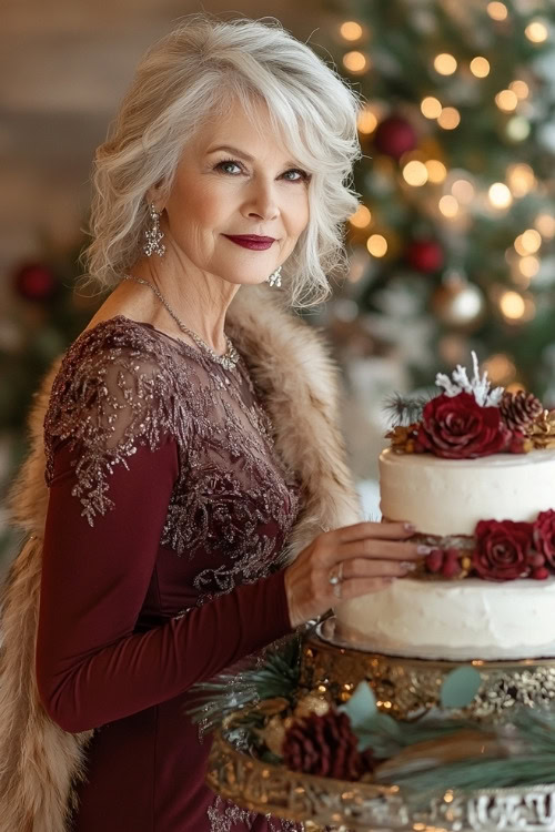 A woman over 50 wears a burgundy beaded long-sleeve wedding guest dress with a fur stole accessory