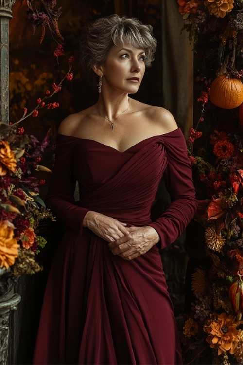 A woman over 50 wears a burgundy off the shoulder wedding guest dress with long sleeves