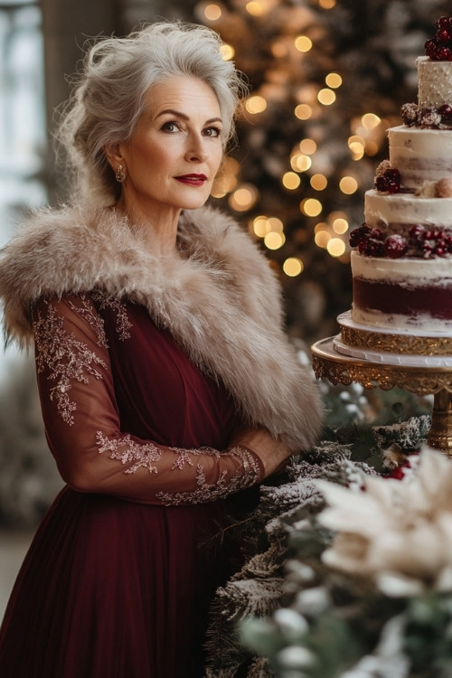 A woman over 50 wears a burgundy sheer sleeve wedding guest dress with a fur stole