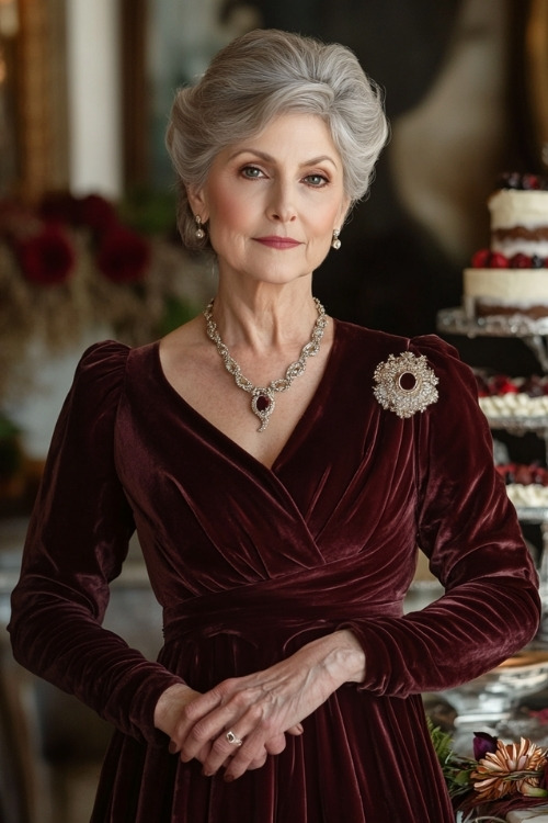 A woman over 50 wears a burgundy velvet wedding guest dress with a brooch accent and statement necklace