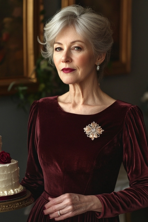 A woman over 50 wears a burgundy velvet wedding guest dress with long sleeves