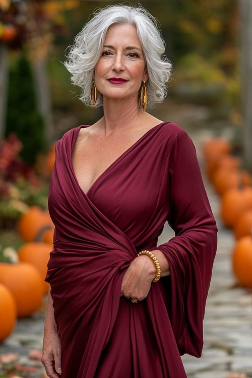 A woman over 50 wears a burgundy wrap-style wedding guest dress with bell sleeves