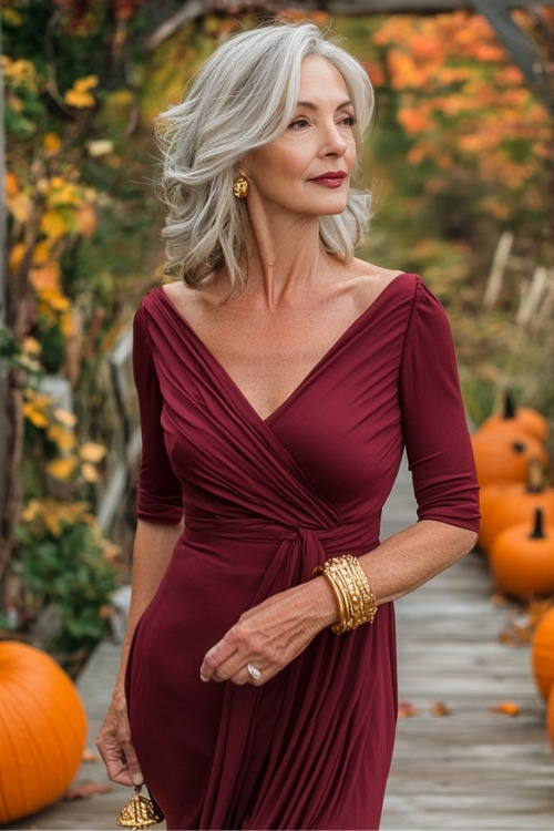 A woman over 50 wears a burgundy wrap wedding guest dress with long sleeves