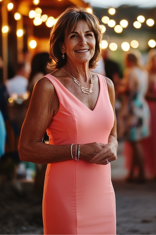 A woman over 50 wears a coral sleeveless wedding guest dress with a V neckline