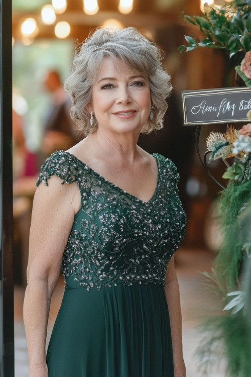 A woman over 50 wears a dark green cap sleeve wedding guest dress with intricate beaded detailing