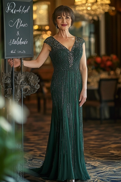 A woman over 50 wears a dark green embellished wedding guest dress with a V neckline