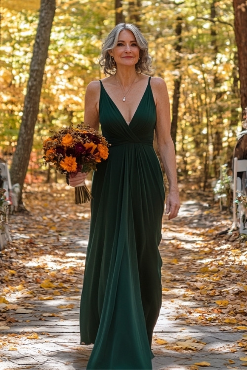 A woman over 50 wears a dark green spaghetti strap wedding guest dress while holding a bouquet of fall flowers