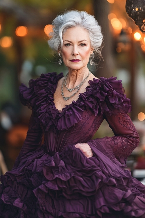 A woman over 50 wears a deep plum ruffled wedding guest dress with lace sleeves and layered details