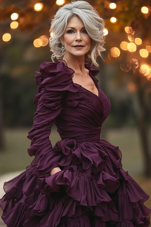 A woman over 50 wears a dramatic plum ruffled wedding guest dress with long sleeves and a fitted bodice