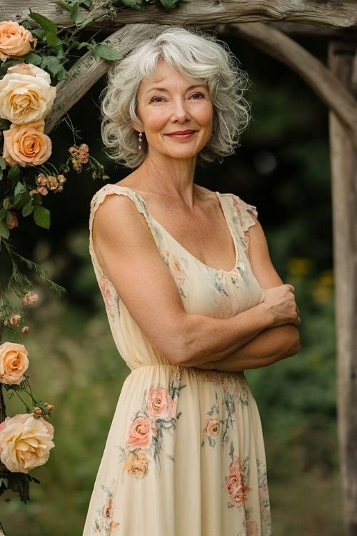 A woman over 50 wears a floral sleeveless wedding guest dress with soft peach and green tones