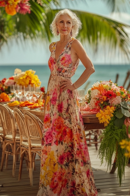 A woman over 50 wears a floral wedding guest dress with a V neckline