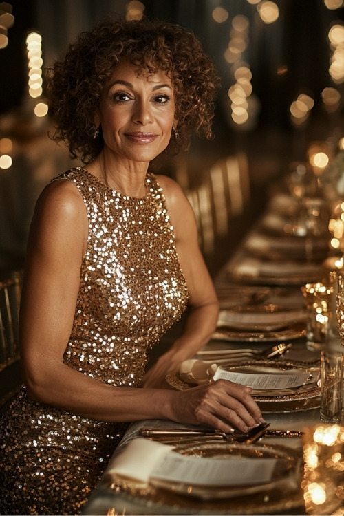 A woman over 50 wears a gold sequin sleeveless wedding guest dress