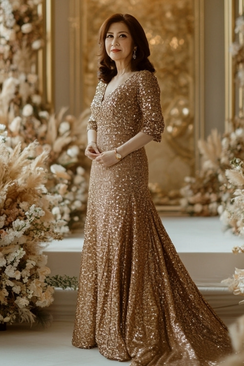 A woman over 50 wears a gold sequin wedding guest dress with three-quarter sleeves and a fitted silhouette