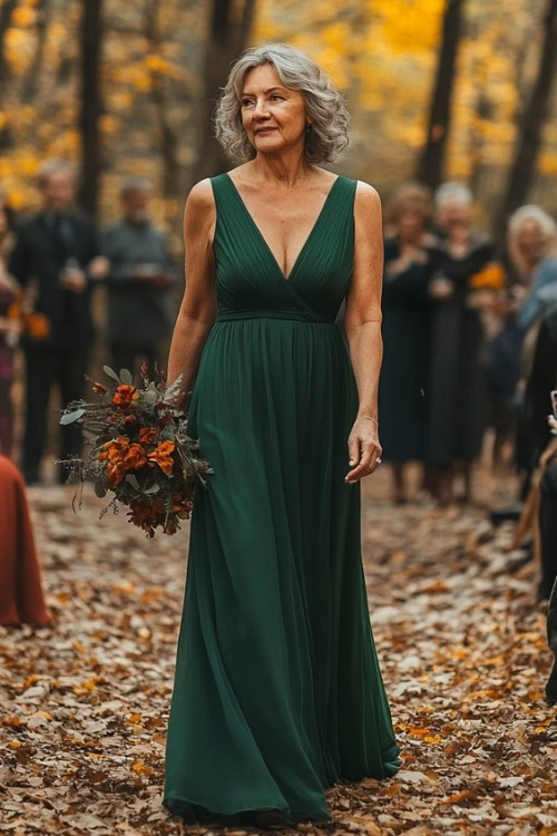 A woman over 50 wears a green wedding guest dress with a V neckline