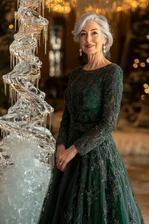 A woman over 50 wears a green wedding guest dress with lace appliqué