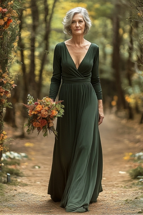 A woman over 50 wears a green wrap wedding guest dress with long sleeves (2)