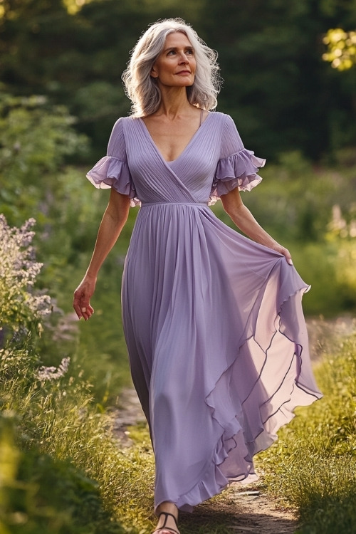 A woman over 50 wears a lavender wedding guest dress with ruffled sleeves and a flowing skirt