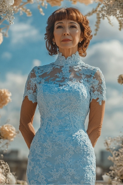 A woman over 50 wears a light blue high-neck lace wedding guest dress with short sleeves