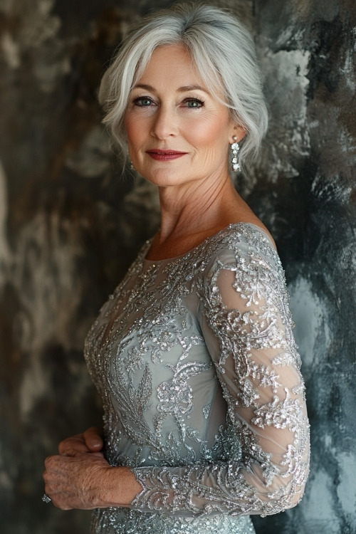 A woman over 50 wears a light blue long-sleeve beaded wedding guest dress with intricate detailing