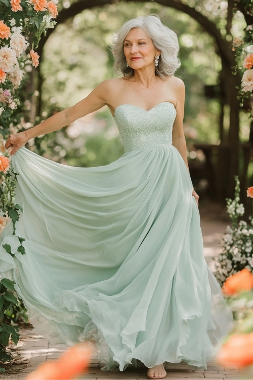 A woman over 50 wears a light green strapless wedding guest dress with a flowing skirt