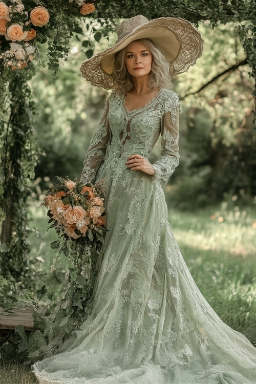 A woman over 50 wears a light green wedding guest dress with long sleeves