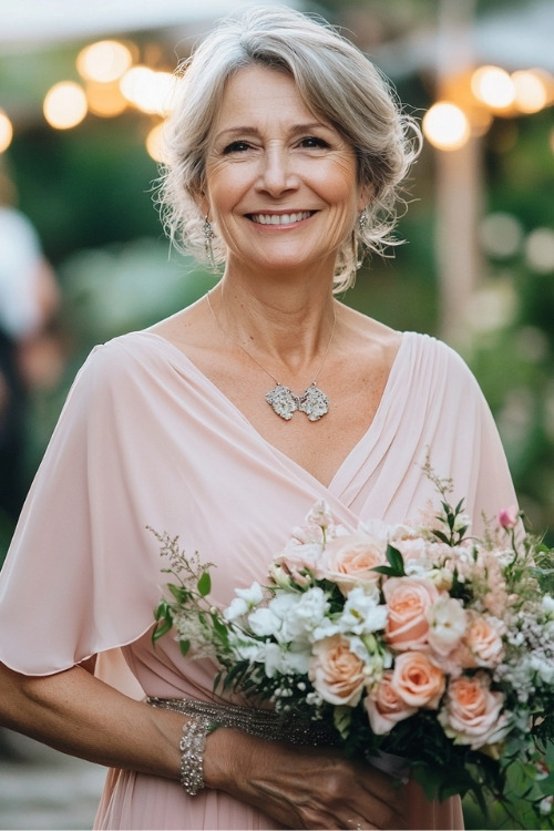 A woman over 50 wears a light pink wedding guest dress with a draped neckline and floral bouquet